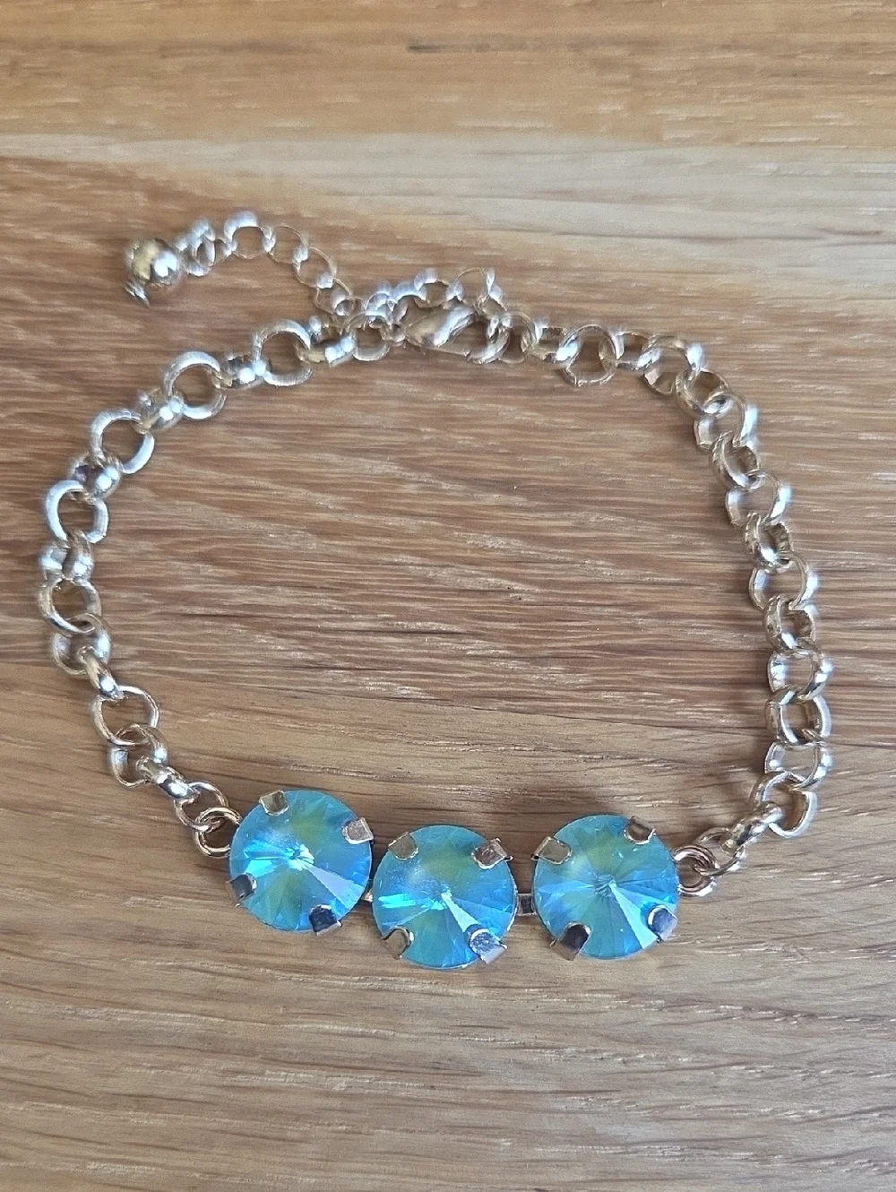 Blue / Green Sparkly Crystals Gold Rolo Chain Bracelet - Hand Crafted
